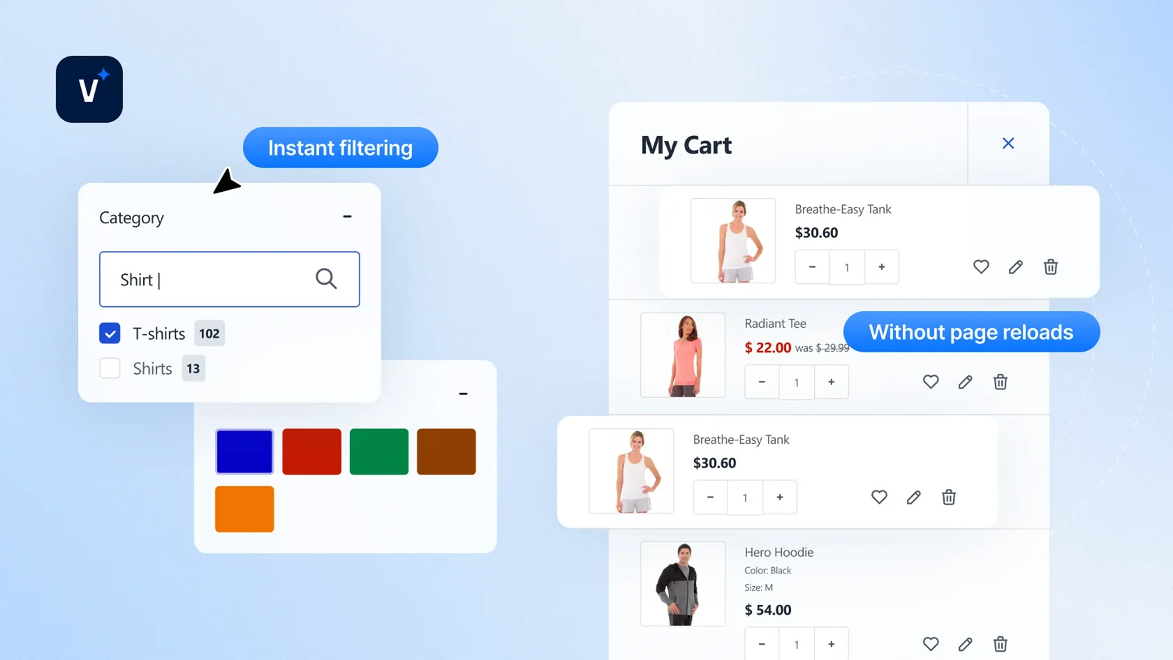 E-commerce UI showing category filtering with color options and a shopping cart with multiple clothing items.