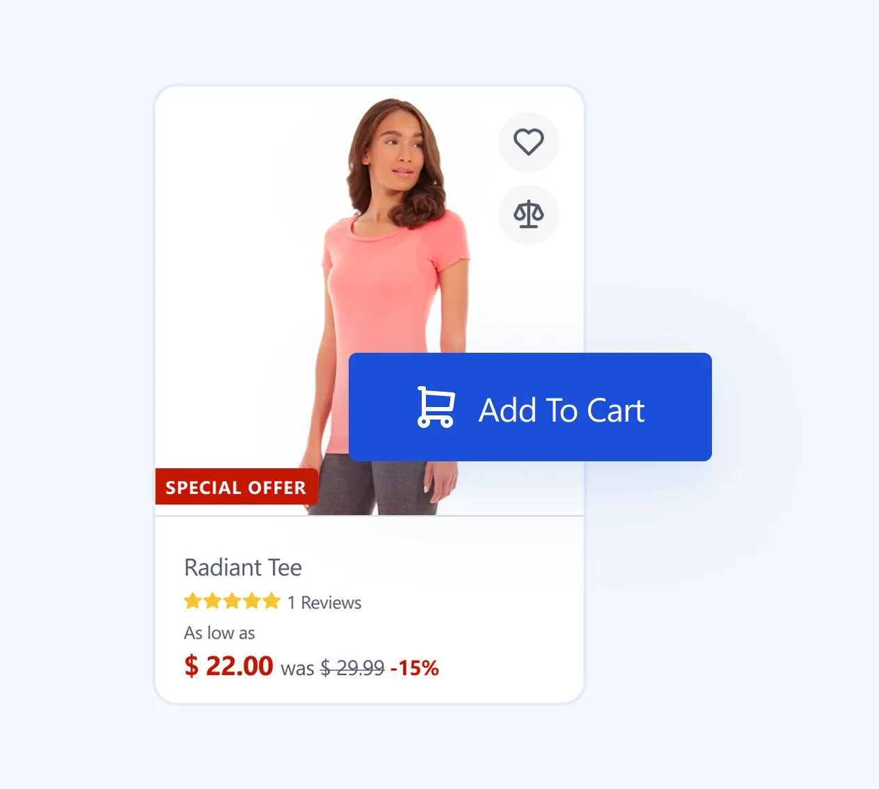 Product card of a woman wearing a pink tee with a special offer price of $22 and Add To Cart button.