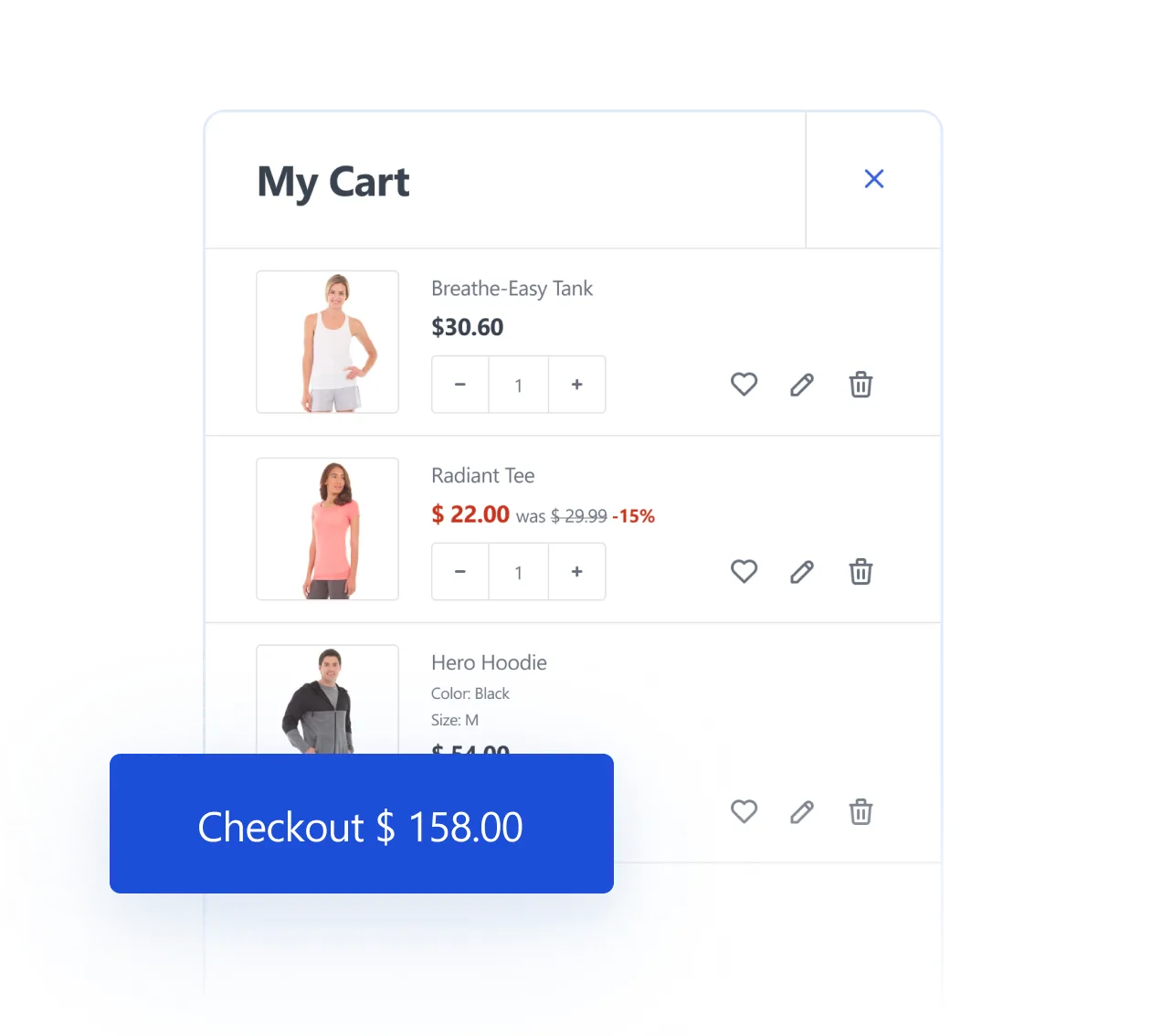 Online shopping cart showing three clothing items with prices and a blue checkout button.