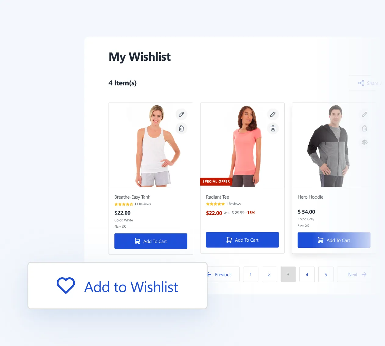 Wishlist page showing three clothing items: tank top, tee with a special offer, and gray hoodie with prices.