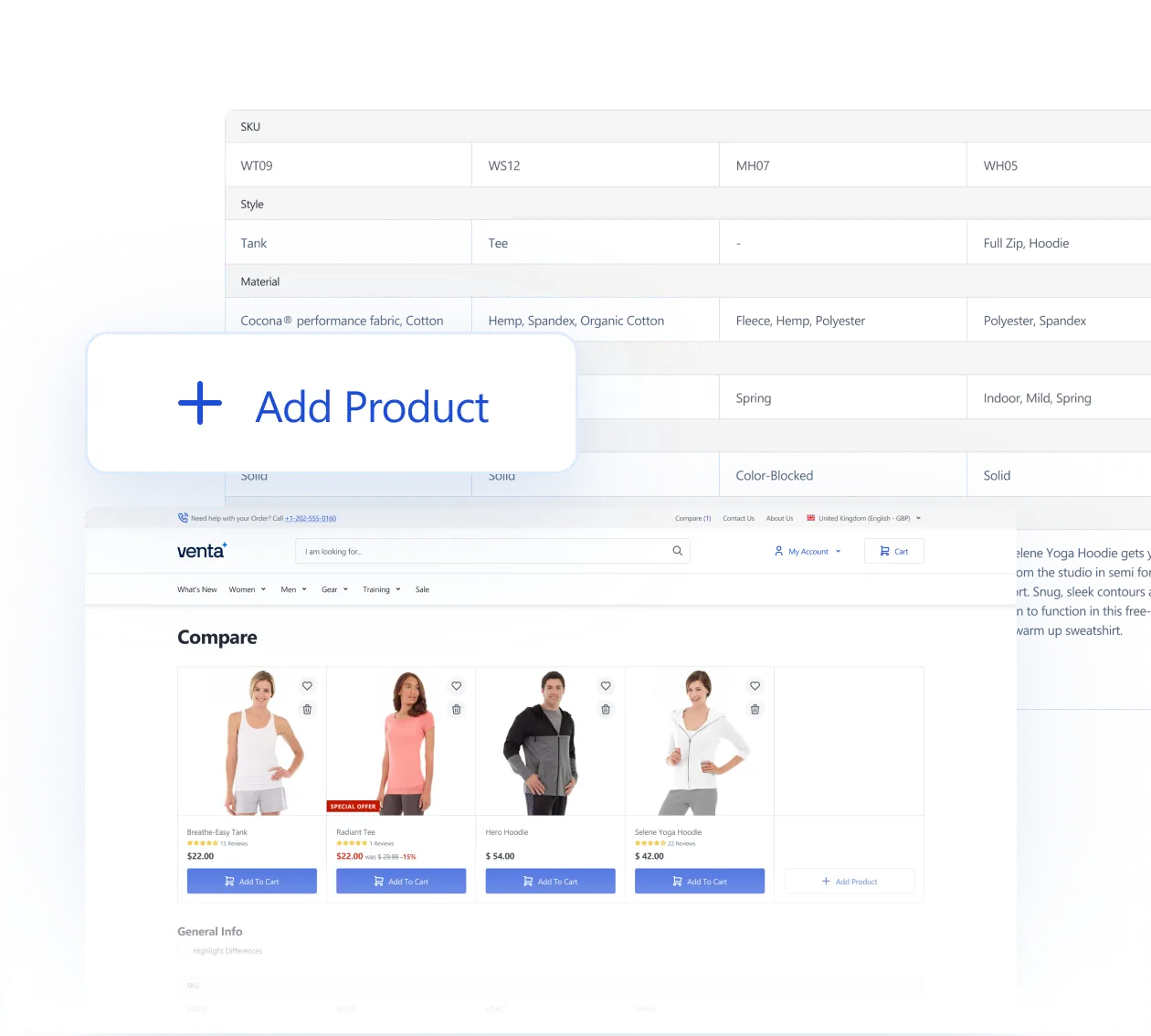 E-commerce product comparison page showing four clothing items with prices and Add to Cart buttons.