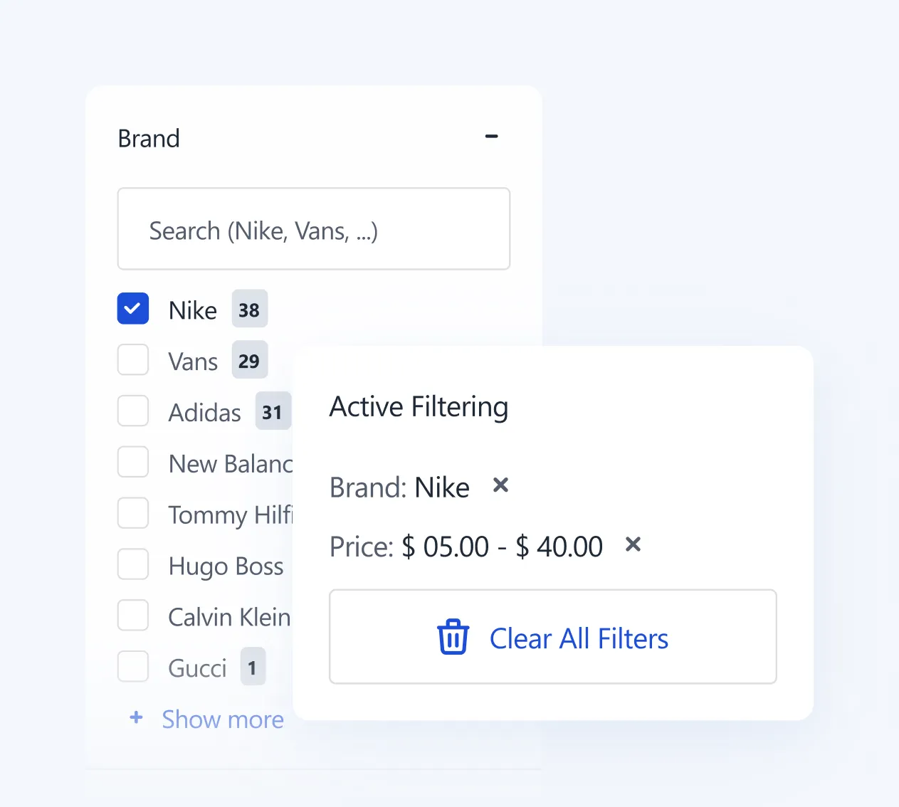 Interface showing active filtering for Nike brand and price range $5 to $40 with option to clear filters.