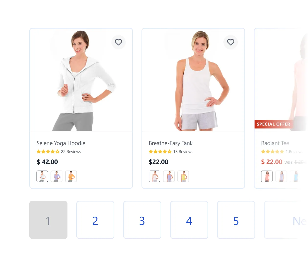 Online shop showing Selene Yoga Hoodie for $42 and Breathe-Easy Tank for $22 with ratings and color options.