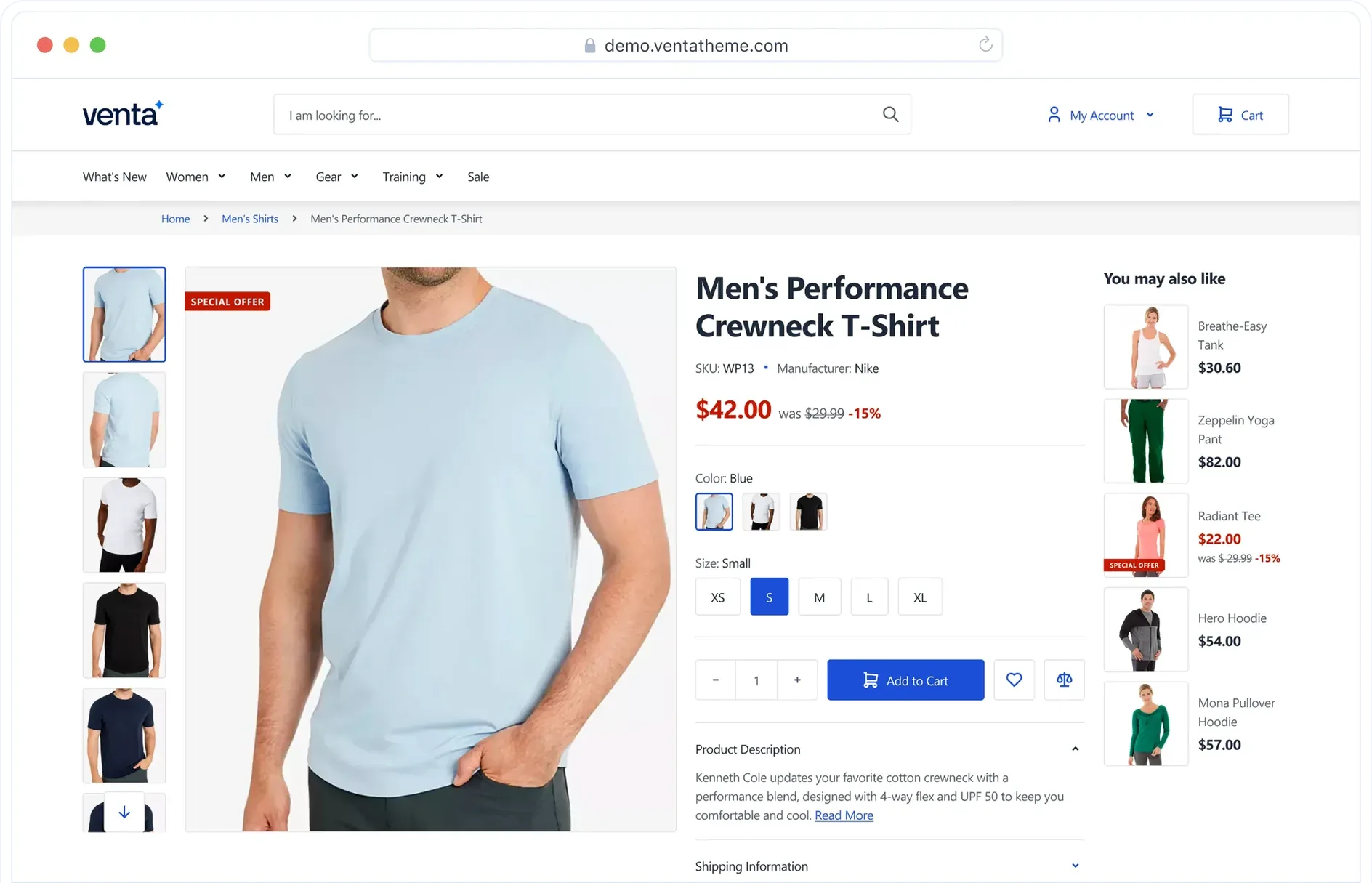 Product page showing a men's light blue performance crewneck T-shirt with size and color options.