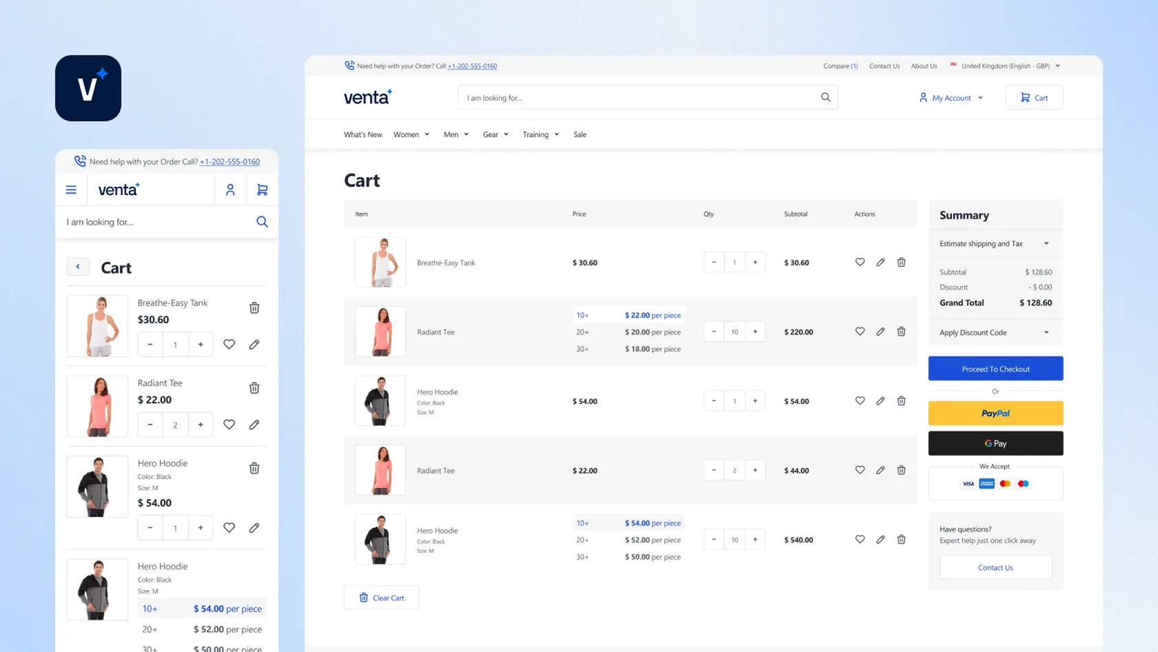 Venta online shopping cart showing apparel items with quantity, price, and checkout options on desktop and mobile.