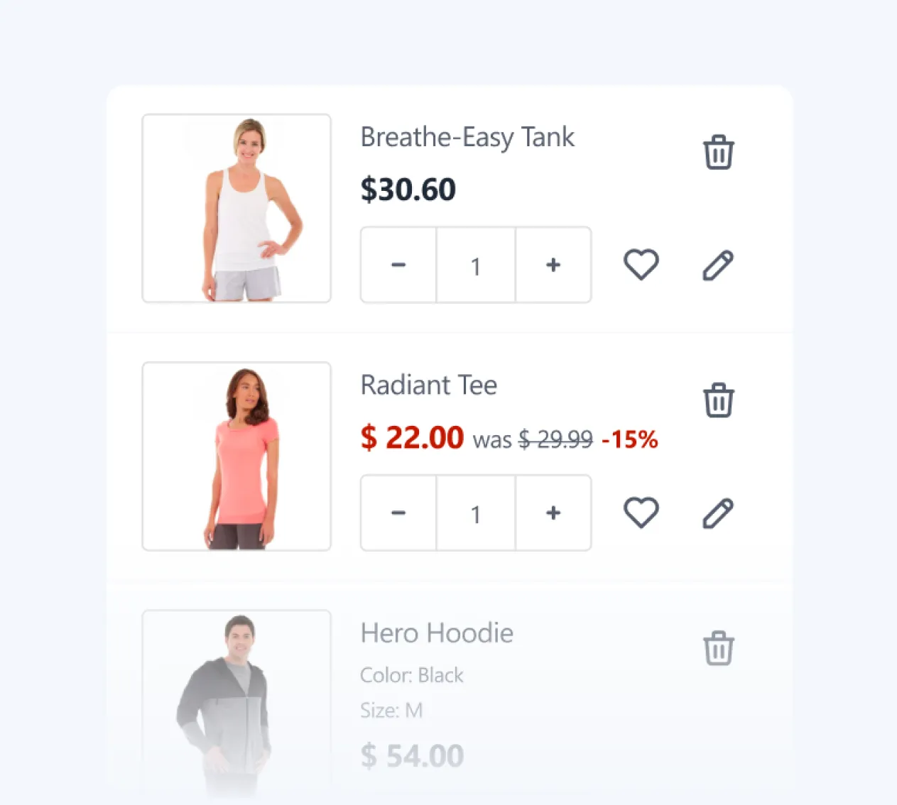 Shopping cart showing Breathe-Easy Tank $30.60, Radiant Tee $22.00 with 15% off, and partial Hero Hoodie info.