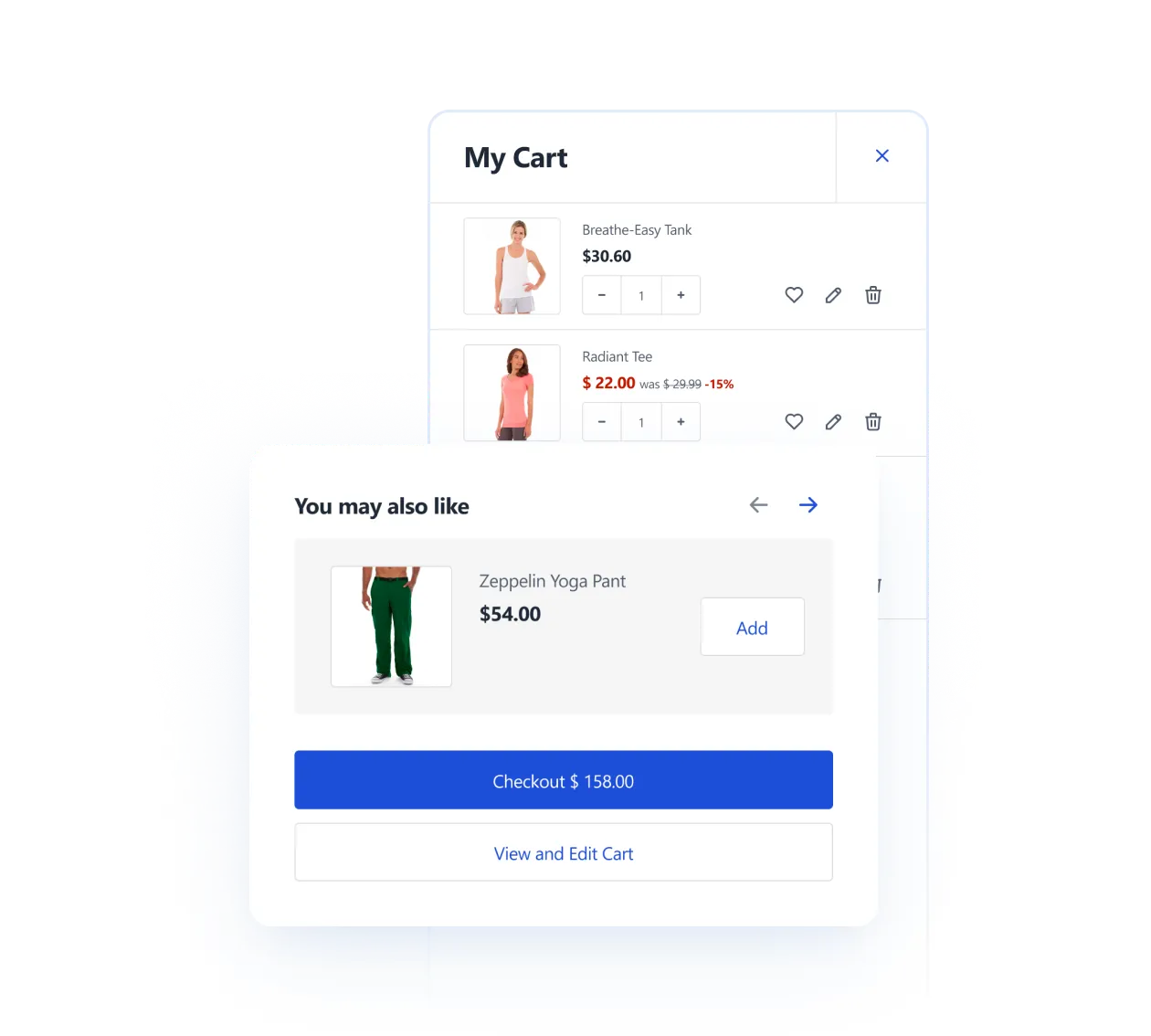 E-commerce cart showing two clothing items with prices and quantity selectors plus a recommended yoga pant.