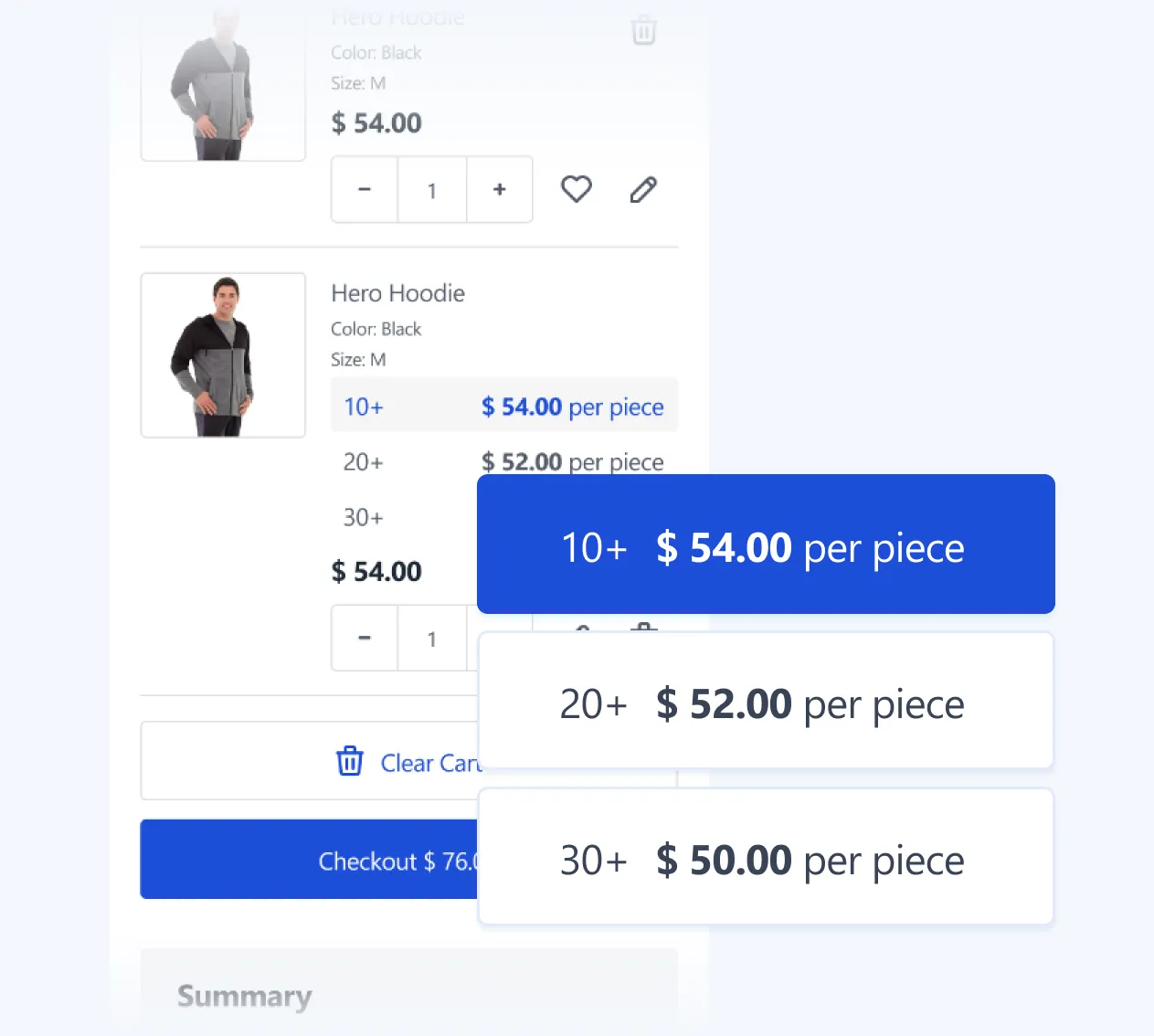 Pricing options for black Hero Hoodie in medium, showing discounts for 10+, 20+, and 30+ pieces.
