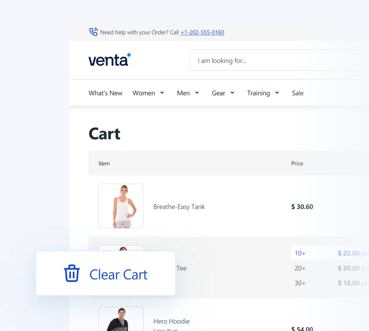 E-commerce cart page showing items Breathe-Easy Tank, Hero Tee, and Hero Hoodie with prices and Clear Cart button.