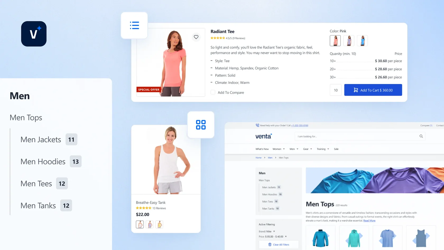 Screenshot of an online clothing store showing men’s tops, product details, filters, and pricing.