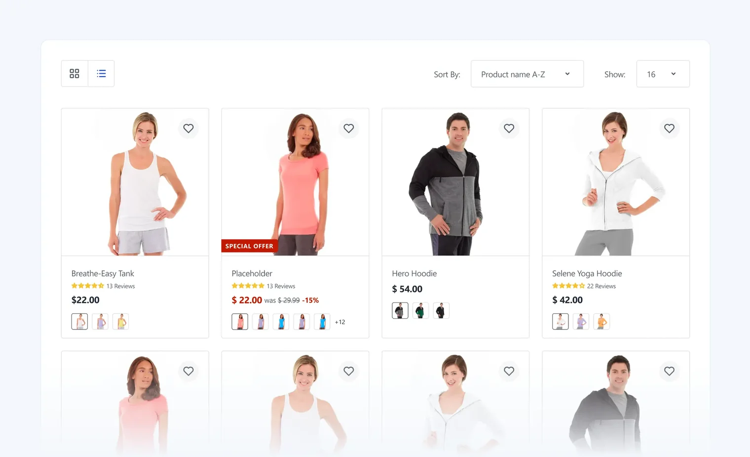 E-commerce clothing page showing women’s tank tops, hoodies, prices, and ratings with sorting options.