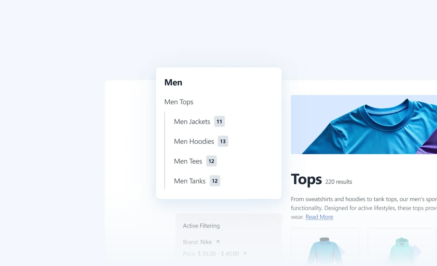 Website menu showing men’s tops categories with jacket, hoodie, tee, and tank options and their item counts.