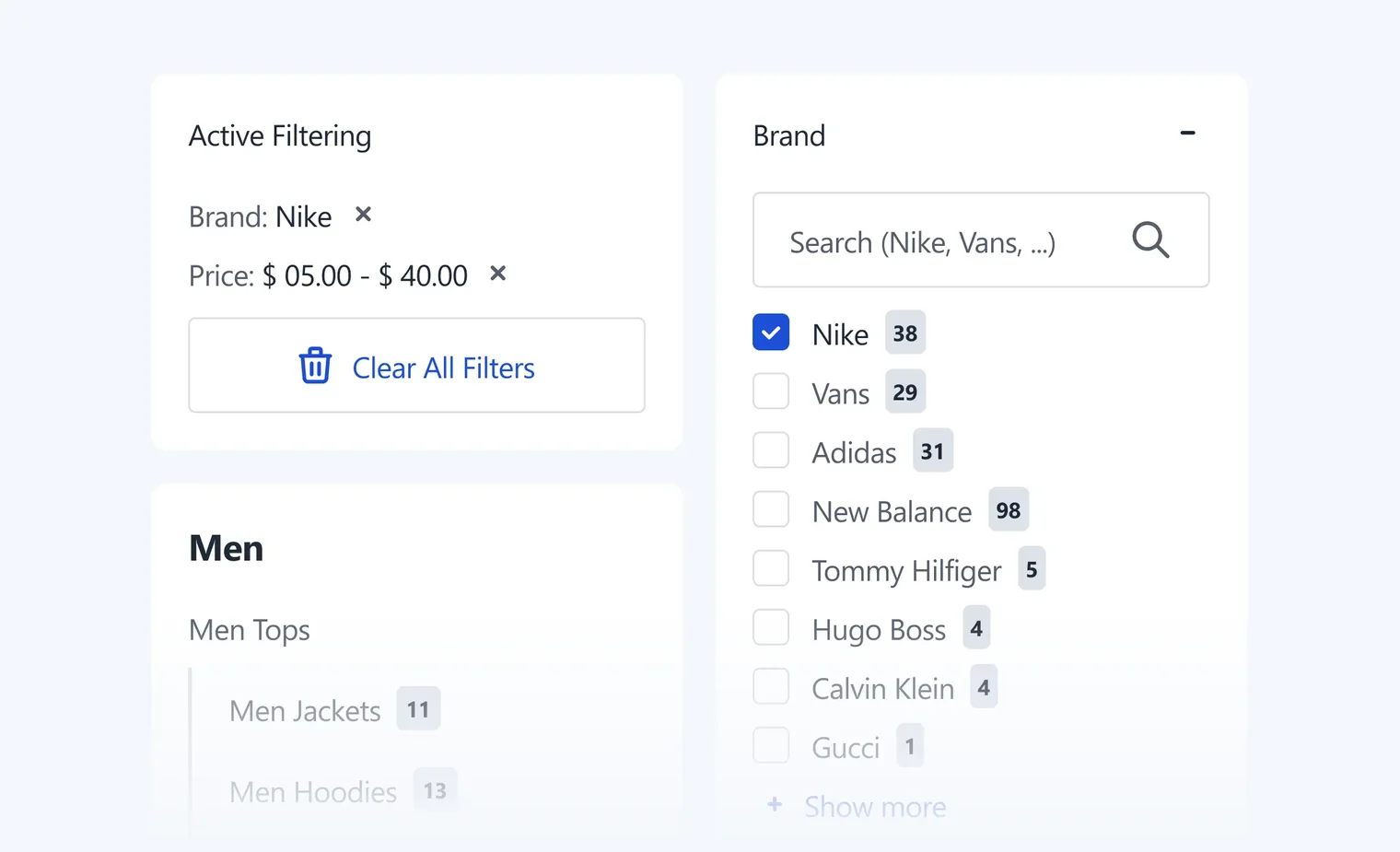 E-commerce filter showing active filters for Nike brand and price $5-40 with brand selection list.