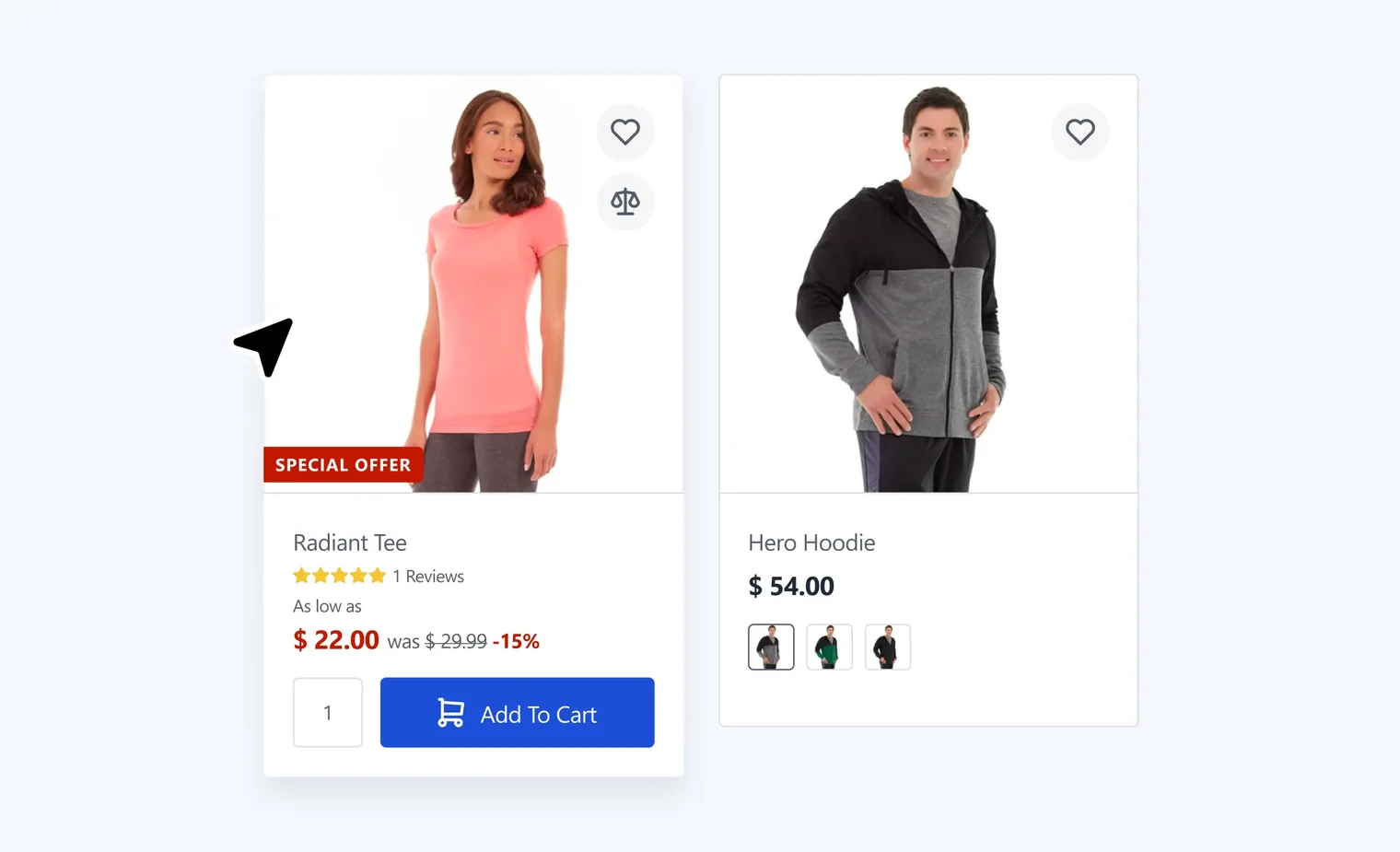 Product cards showing a woman in a pink tee on sale and a man in a gray and black hoodie priced at $54.