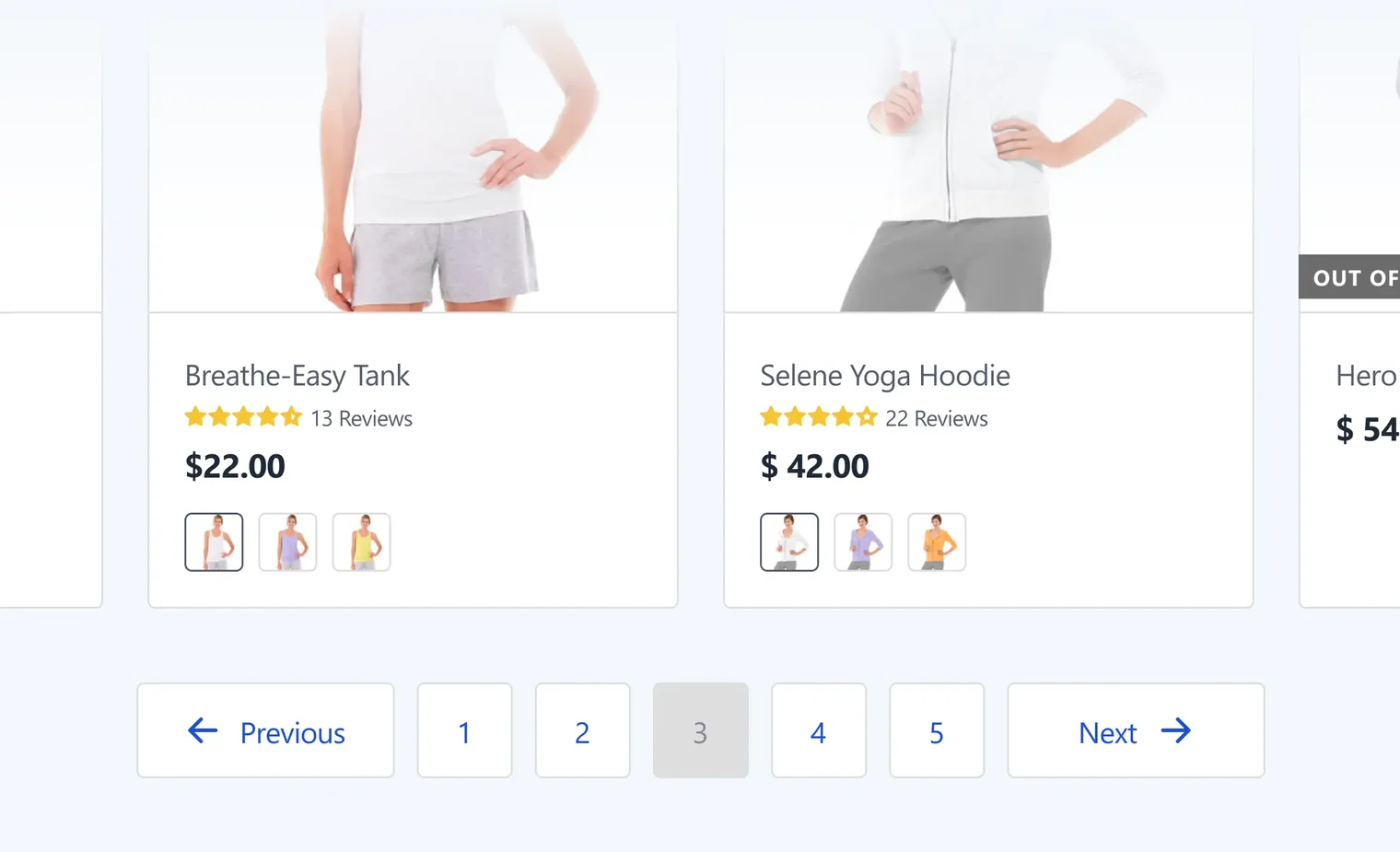 Pagination bar with numbers and arrows below clothing product listings for Breathe-Easy Tank and Selene Yoga Hoodie.