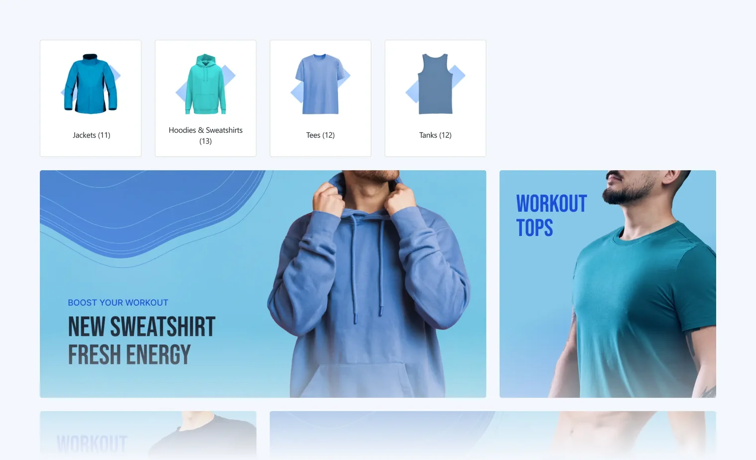 Man in blue sweatshirt adjusting collar and man in teal workout top on blue background.