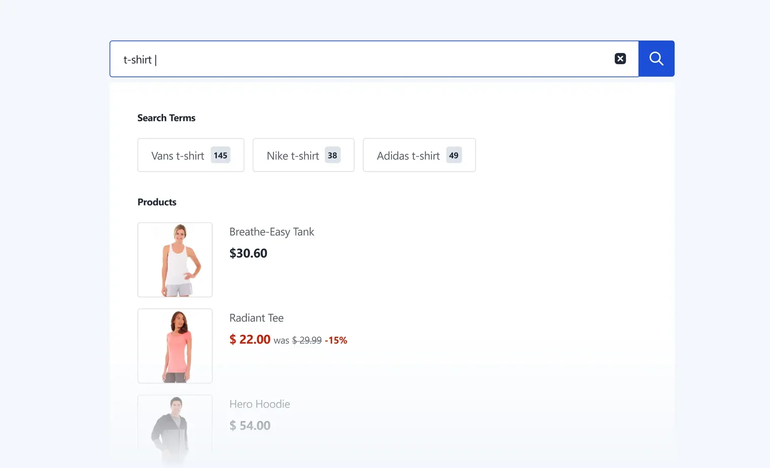 Online search showing t-shirt suggestions and products with prices, including a discounted Radiant Tee.