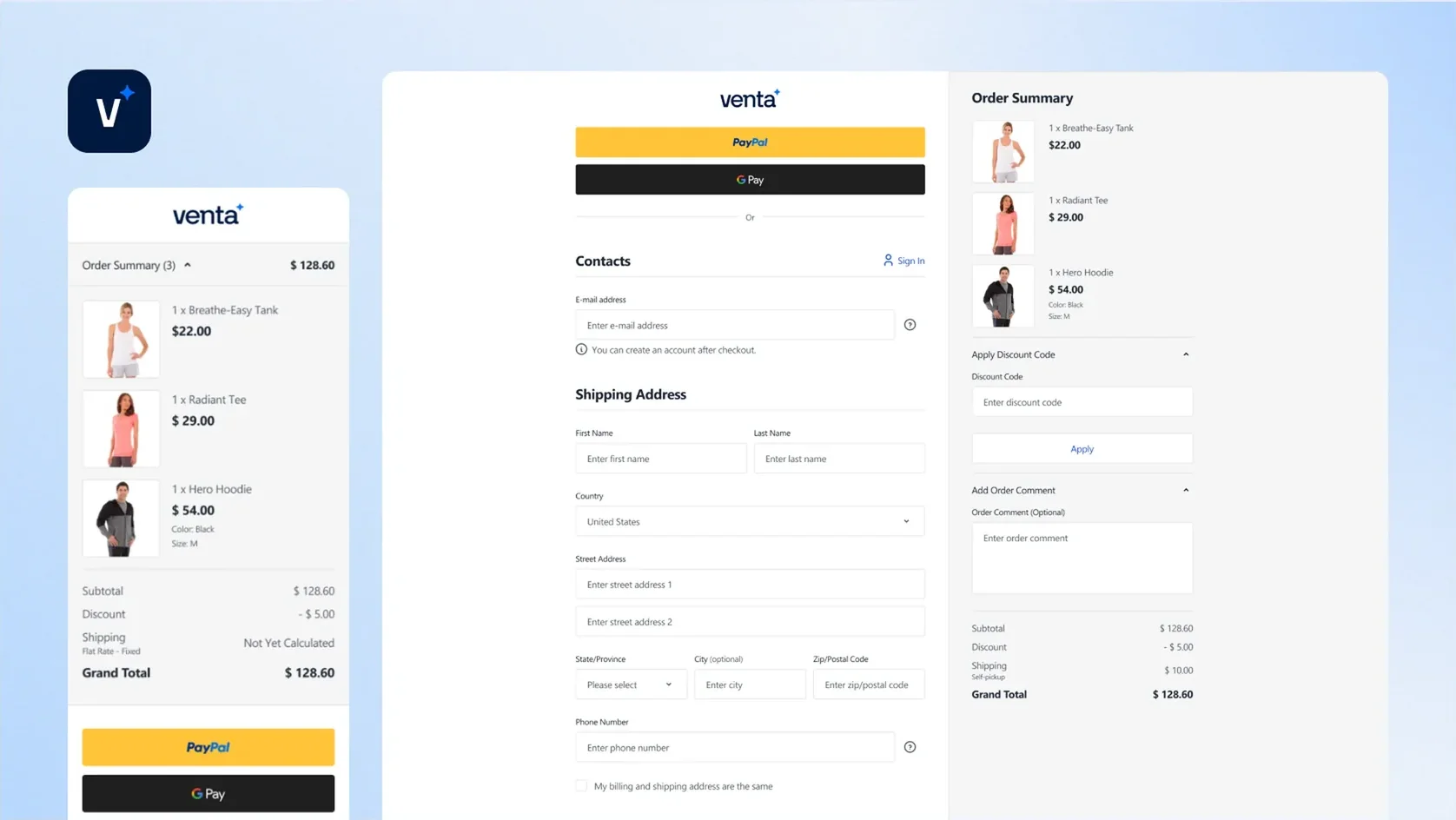 Online checkout page with item summaries, PayPal and Google Pay buttons, and shipping address form.