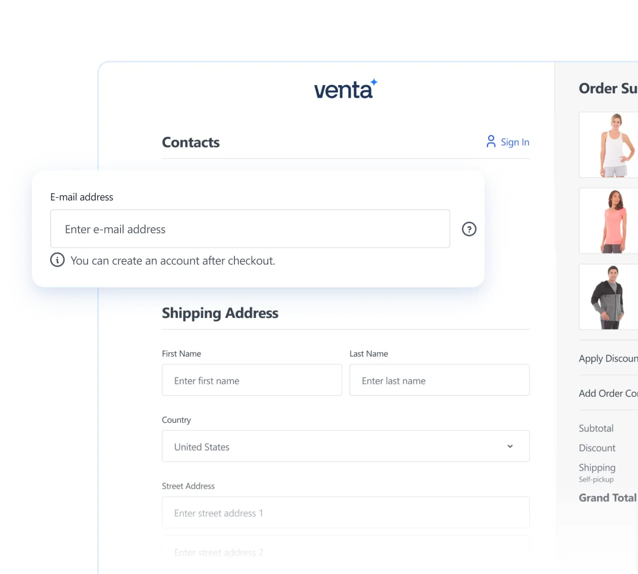 Venta checkout page showing email entry, shipping address fields, and order summary with product images.
