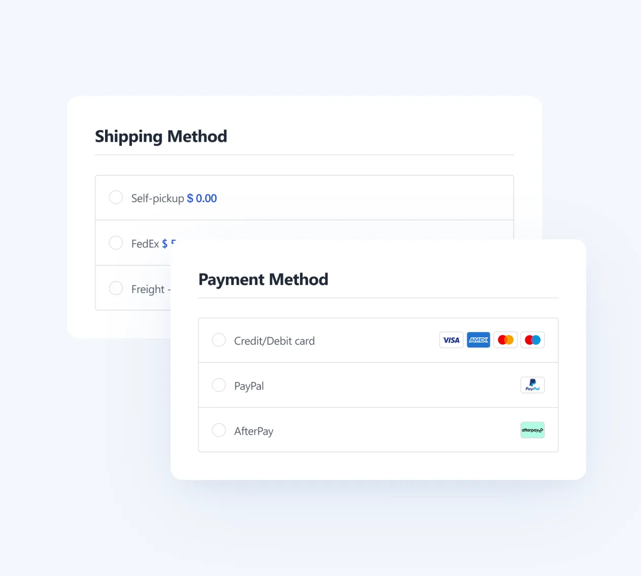 Checkout options for shipping method including self-pickup and payment methods like card, PayPal, and AfterPay.
