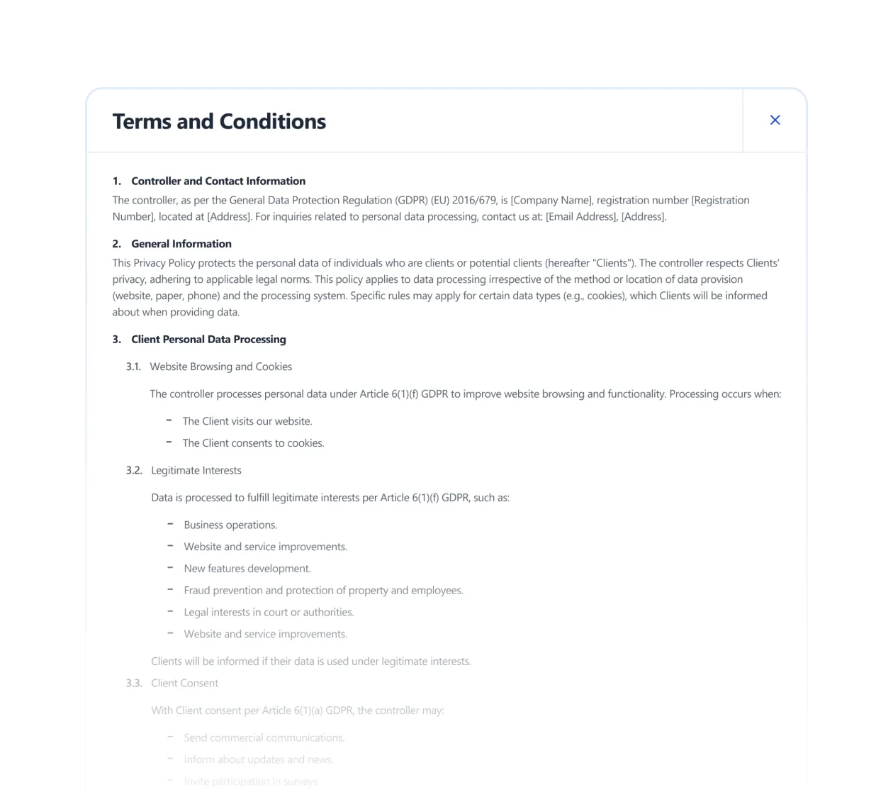 Terms and Conditions page detailing GDPR compliance for personal data processing and client consent.