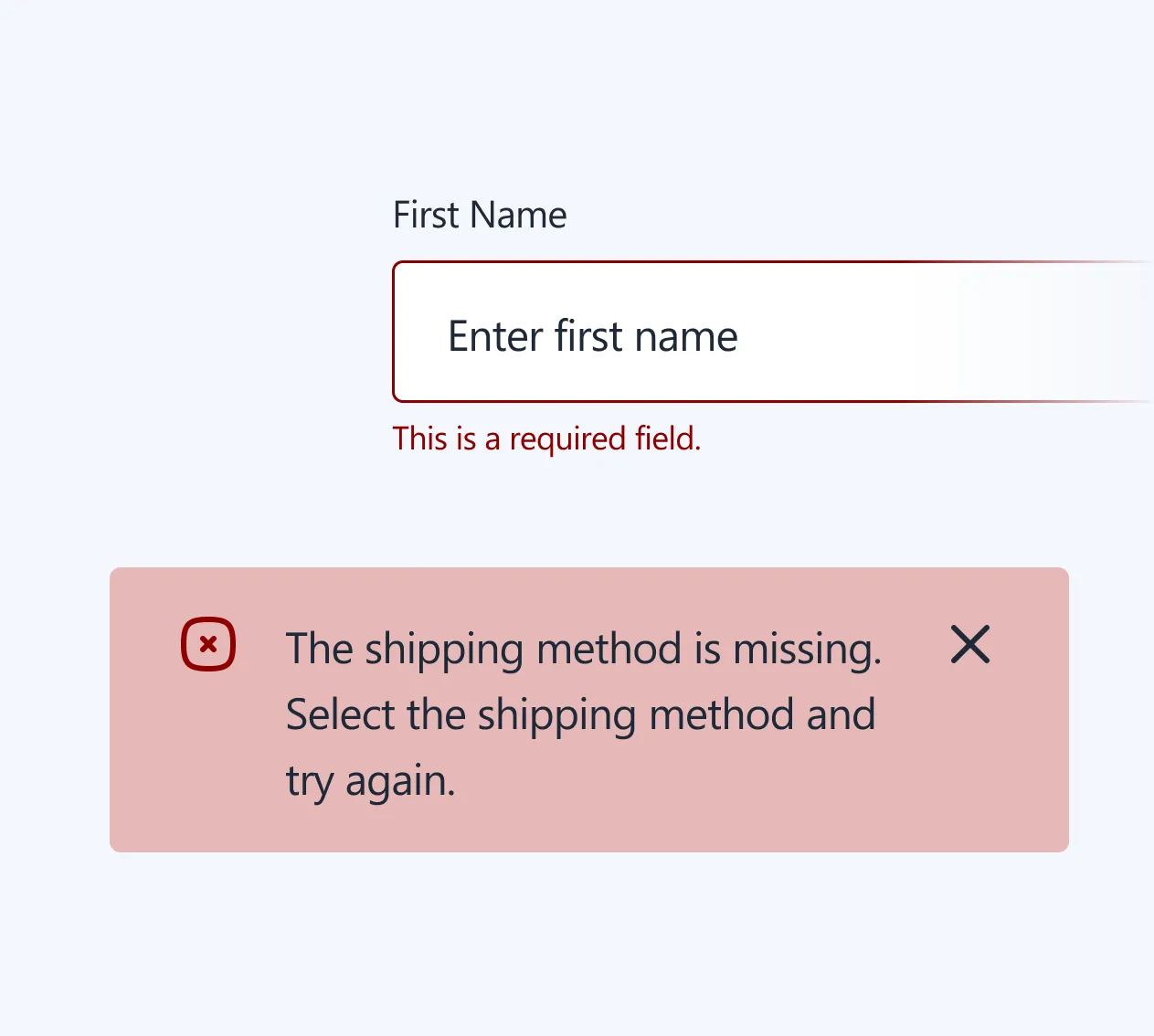 Form field for first name with error message 'This is a required field' and shipping method error alert.
