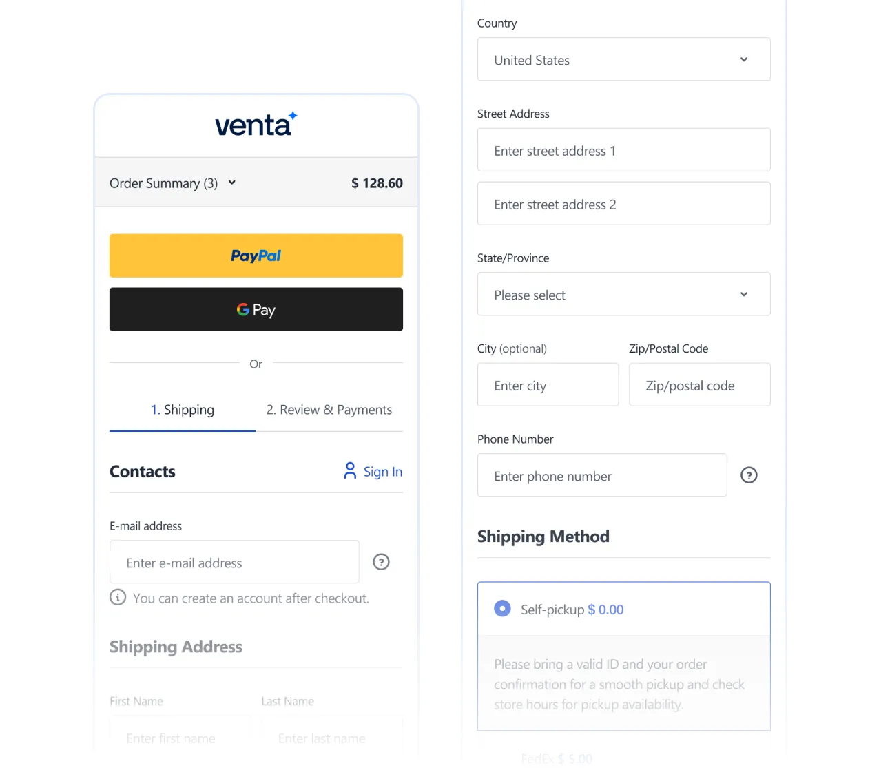 Venta checkout page with order summary, payment options, shipping address, and shipping method fields.