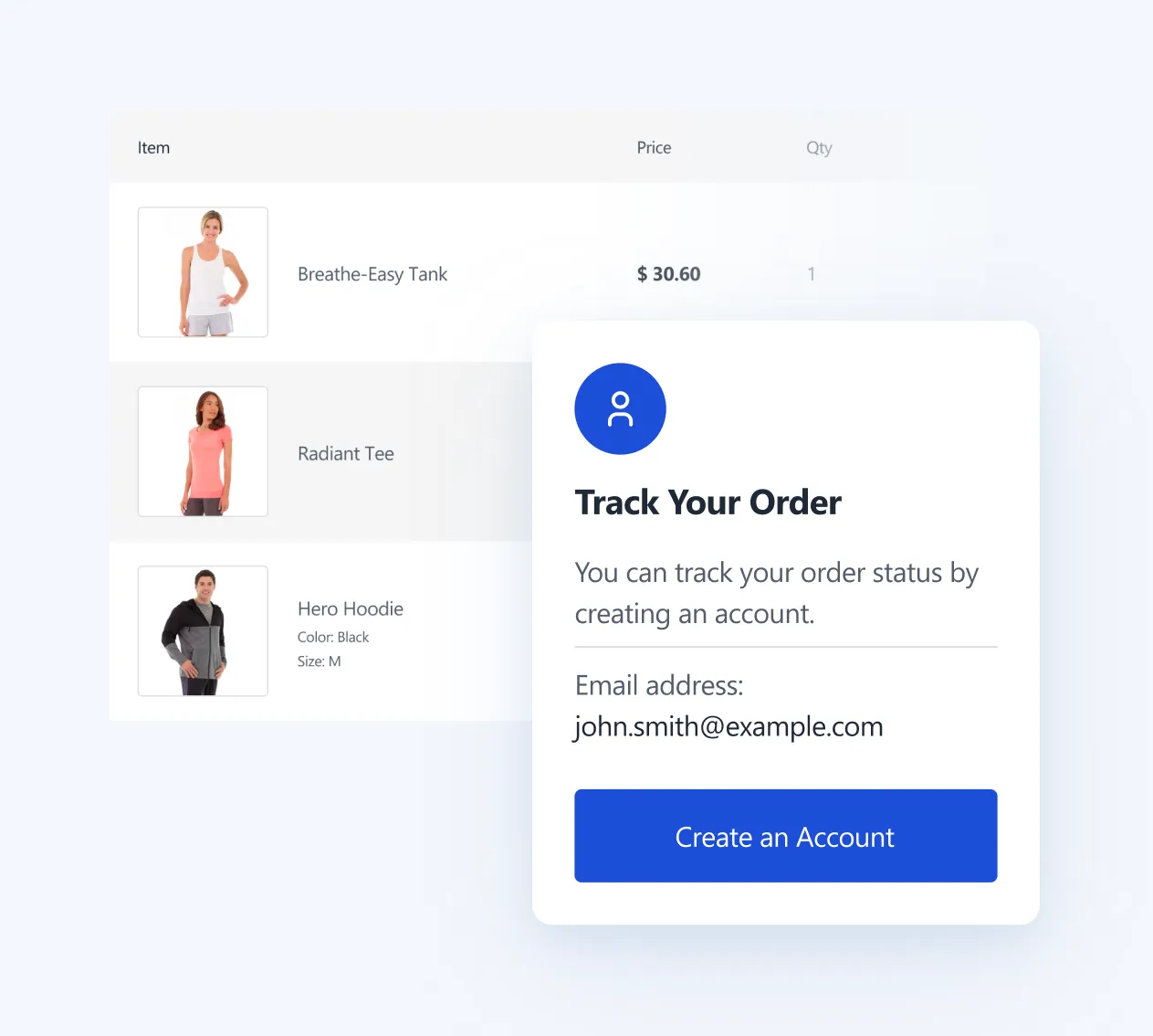Order list with items and a panel to create an account to track order status via email.