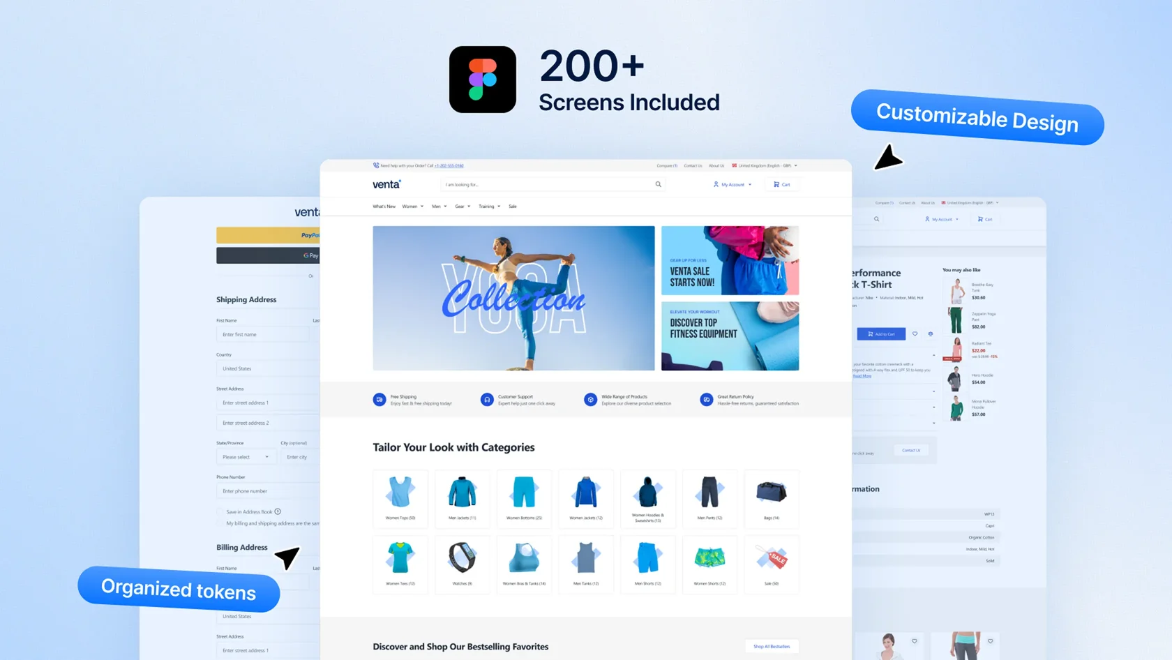 E-commerce website screens showing customizable design with product categories and checkout page.