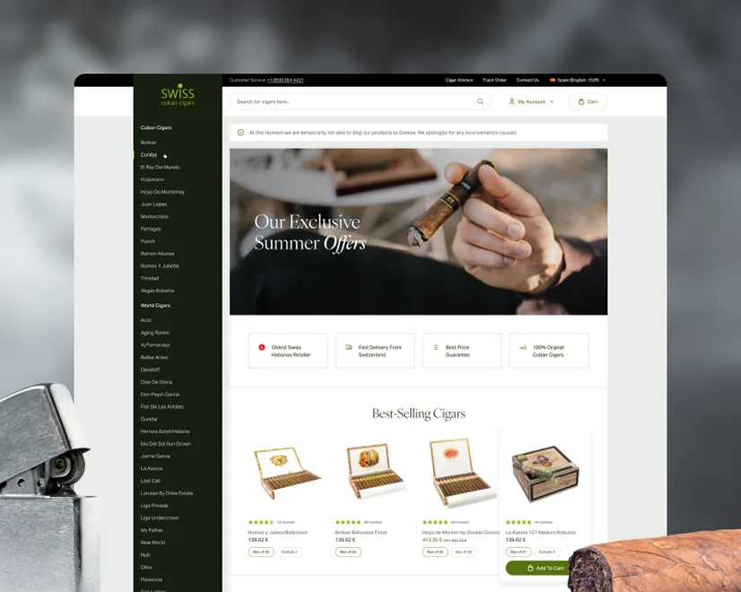 Swiss Cuban Cigars storefront built on Venta Theme