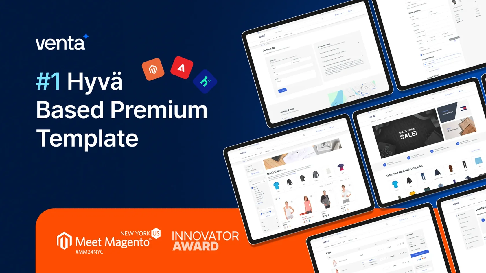 Venta Hyvä based premium template showcased on tablets with Meet Magento Innovator Award banner.