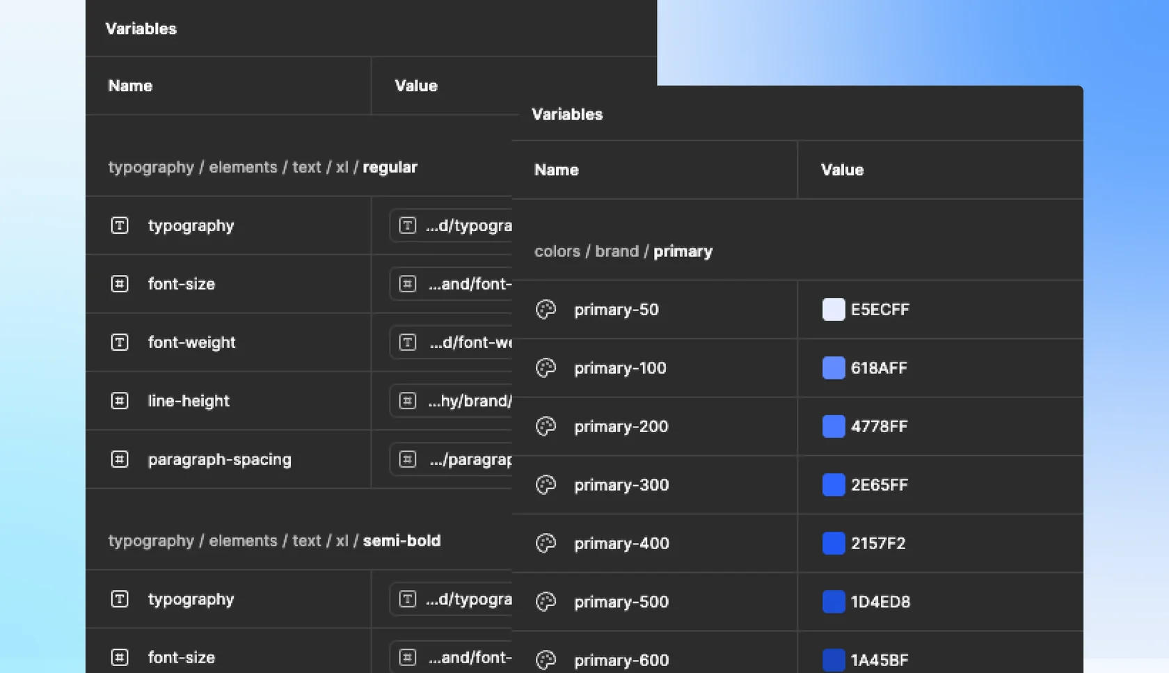 Design system variables panel showing typography and brand primary color codes with shades of blue.