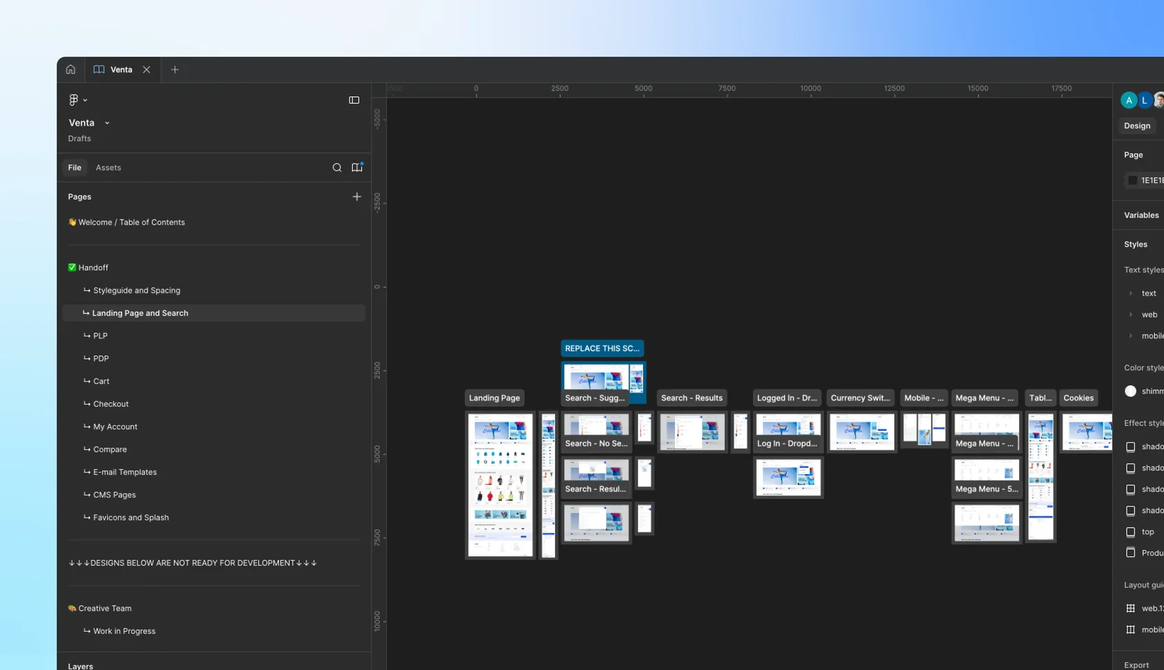 User interface of a design tool showing a project with organized web page thumbnails and navigation sidebar.