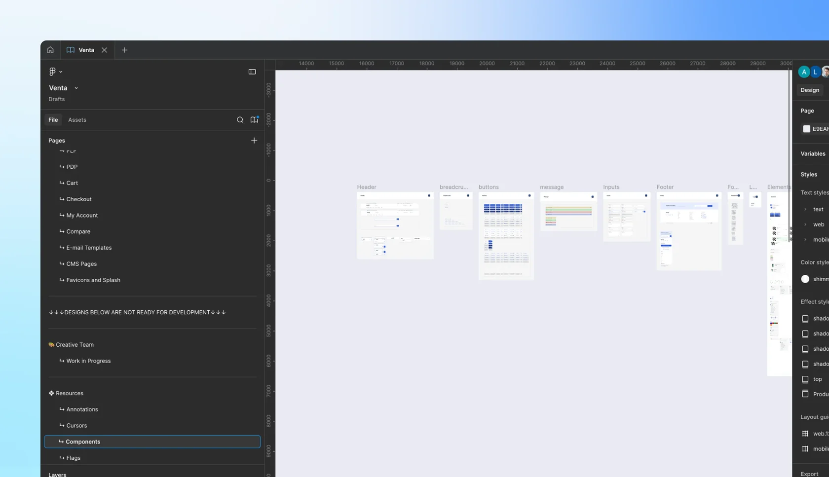 Web design software interface showing page folders on left and design elements on a large workspace.