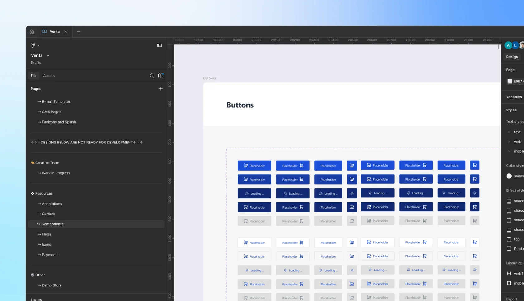 Design software interface showing a page with multiple blue, gray, and white placeholder buttons in various states.