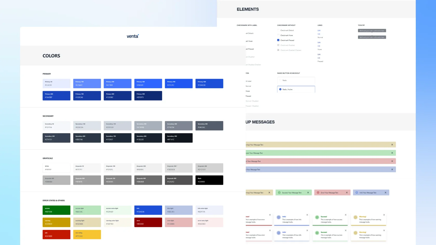 UI design palette showing primary, secondary, grayscale, error colors, elements, and popup message styles.