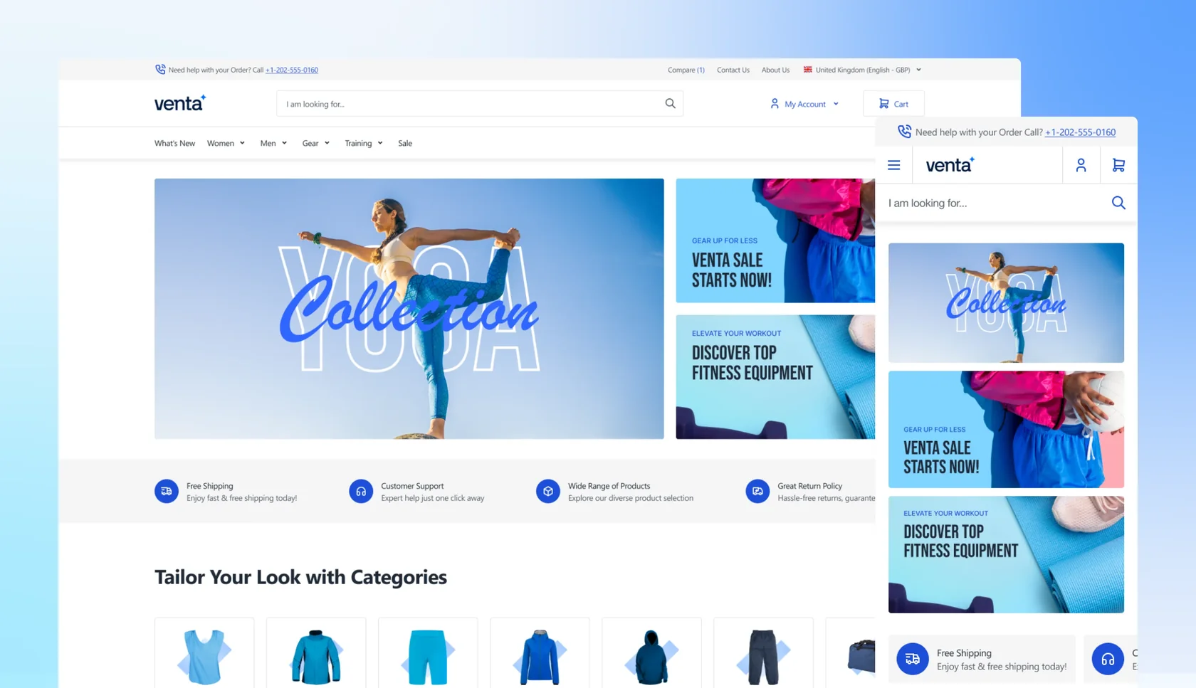 Online fitness store homepage featuring yoga collection, sale ads, and product categories in desktop and mobile views.