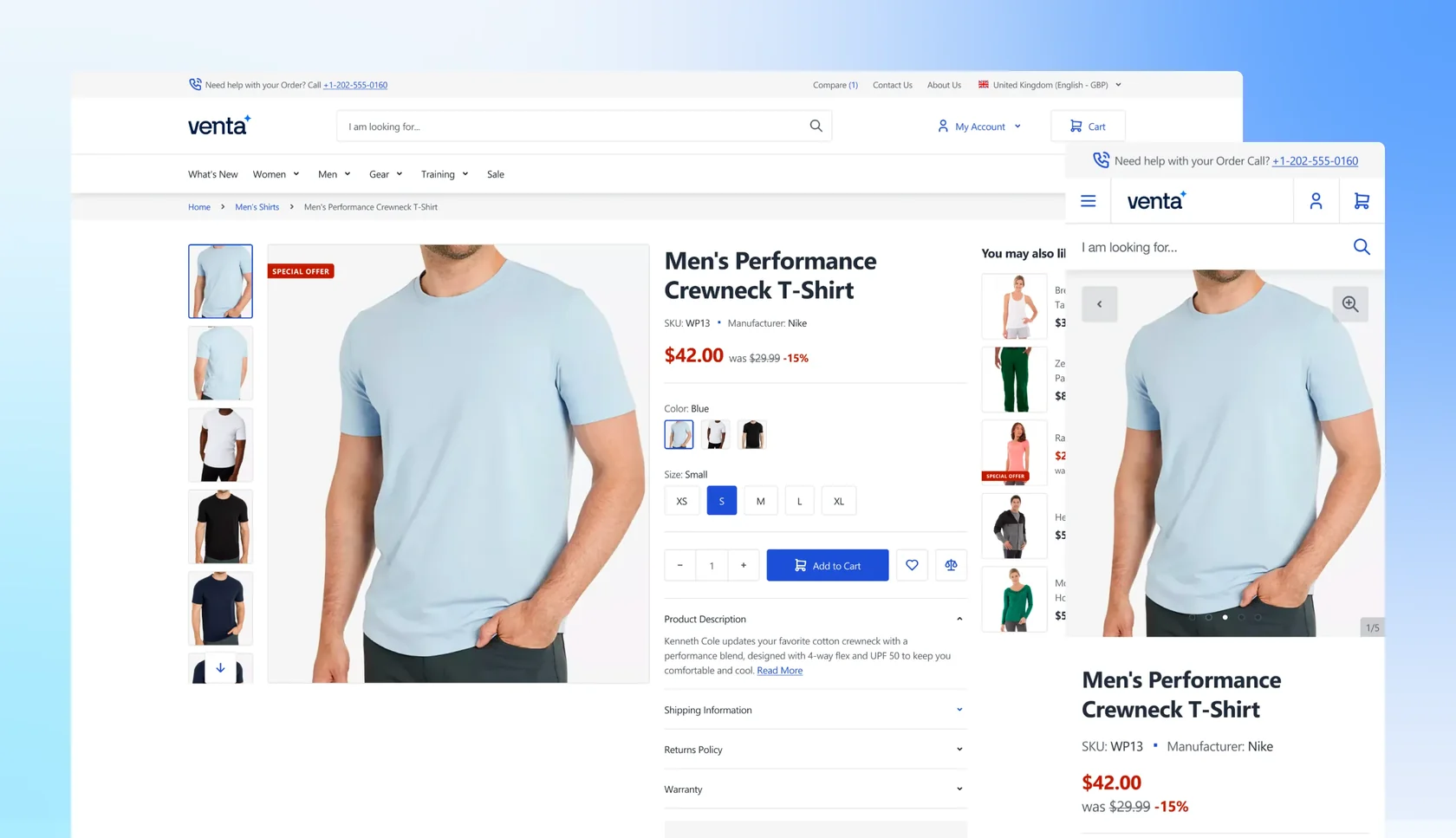 Men's performance crewneck T-shirt in light blue shown on website product page with color and size options.