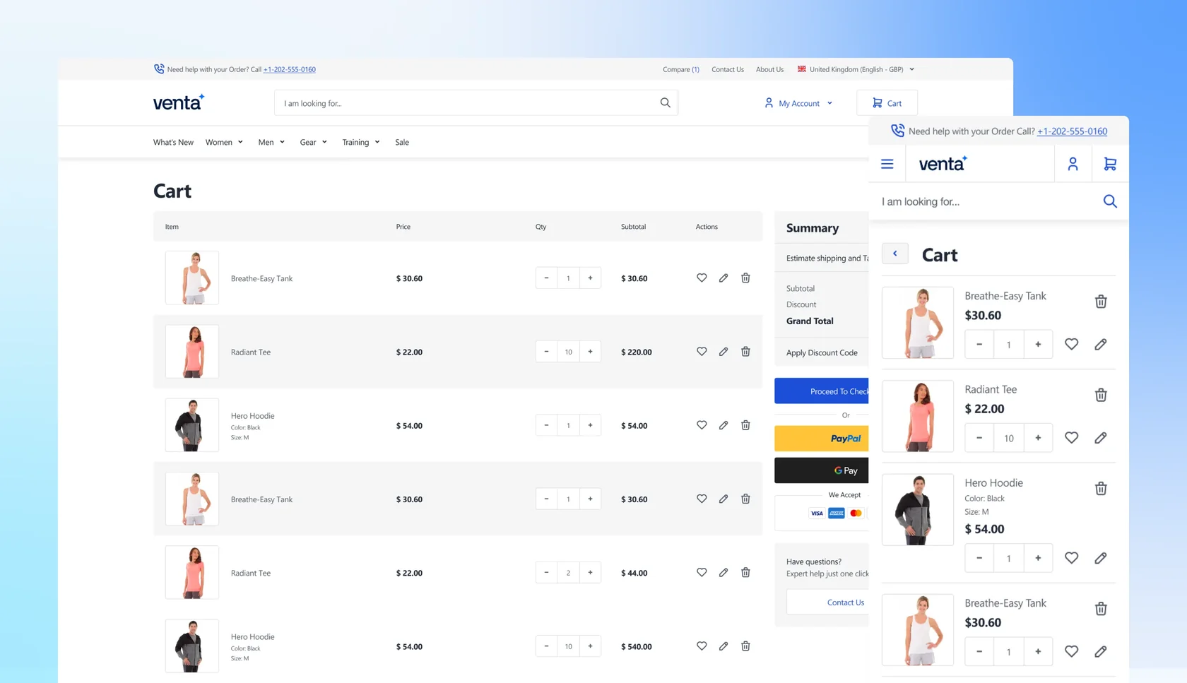 Online shopping cart listing tanks, tees, and hoodies with quantities, prices, and actions on desktop and mobile views.
