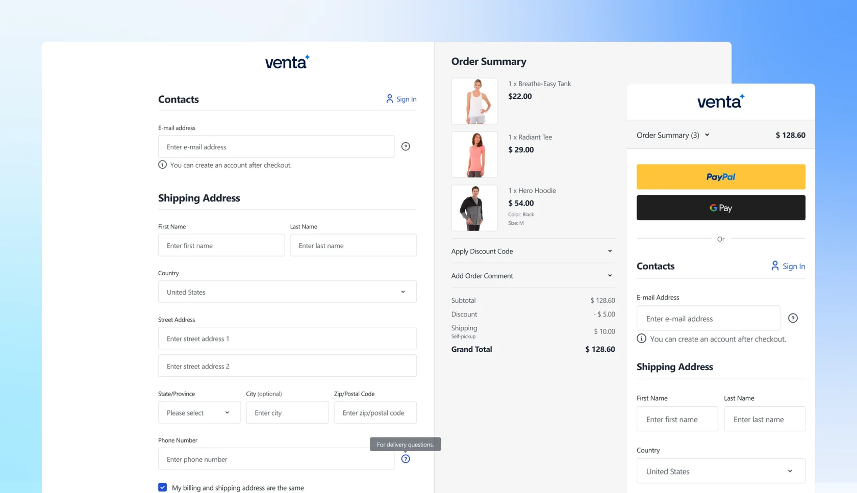 Venta checkout page with contact info, shipping address form, and order summary including items and payment options.