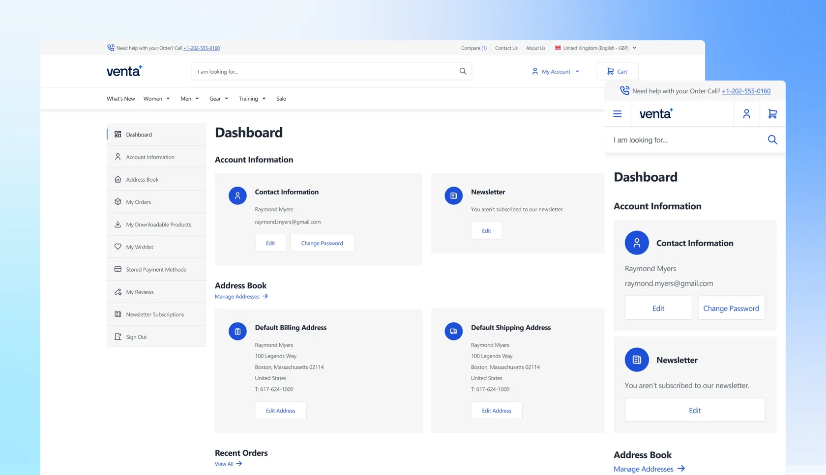 Venta account dashboard showing contact info, newsletter, billing, and shipping addresses, plus navigation menu.