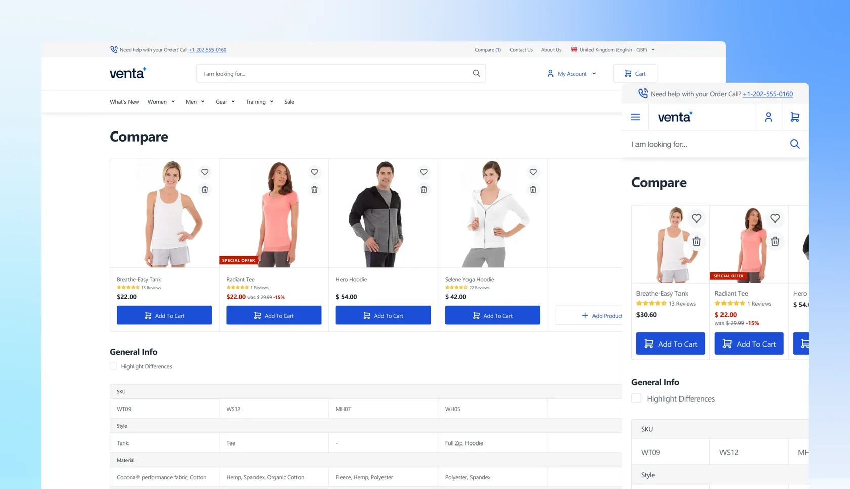 E-commerce product comparison showing tank top, tee, and hoodies with prices and Add to Cart buttons.