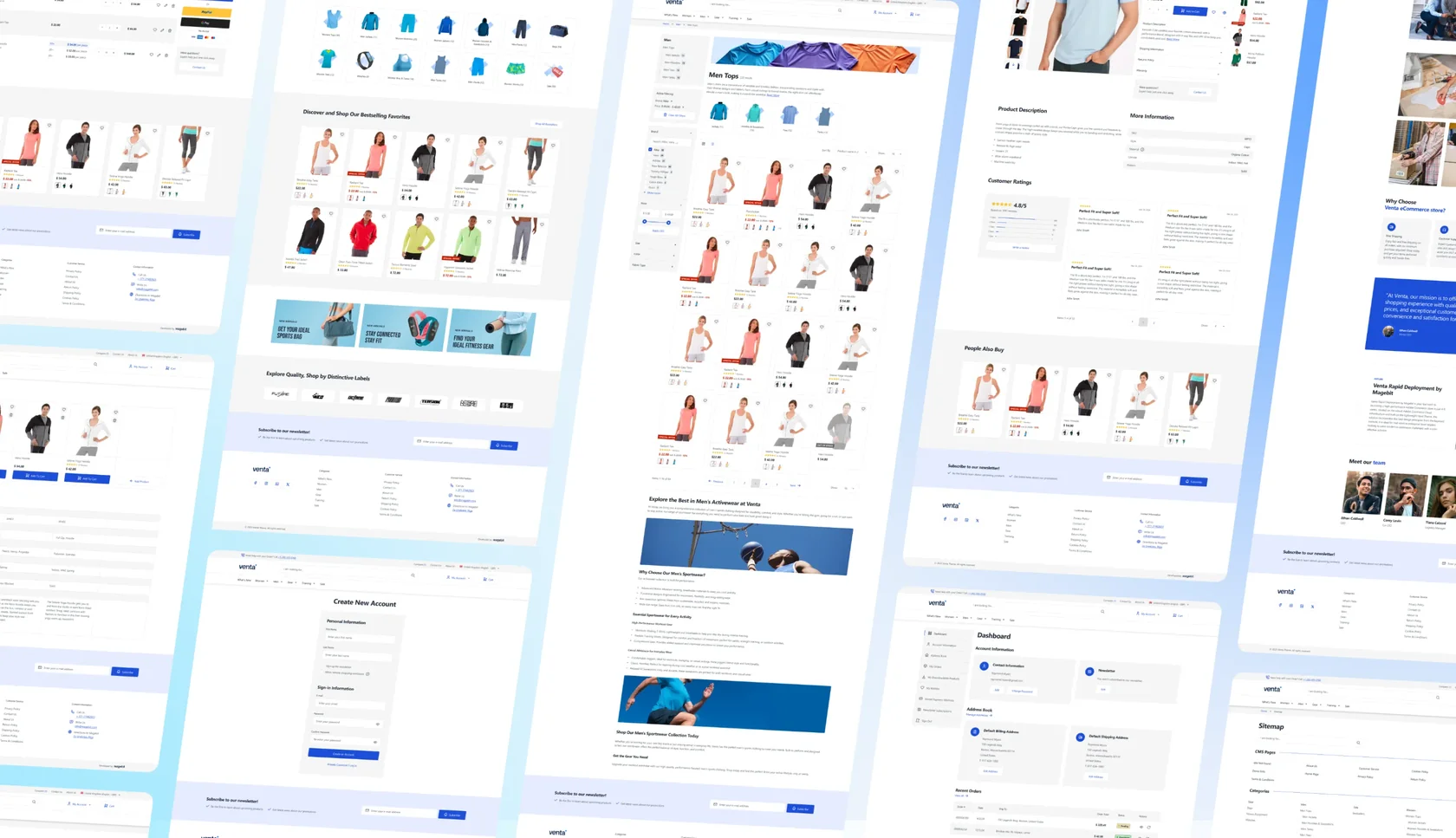 Collage of e-commerce website pages showing product listings, account creation, and dashboard layouts.