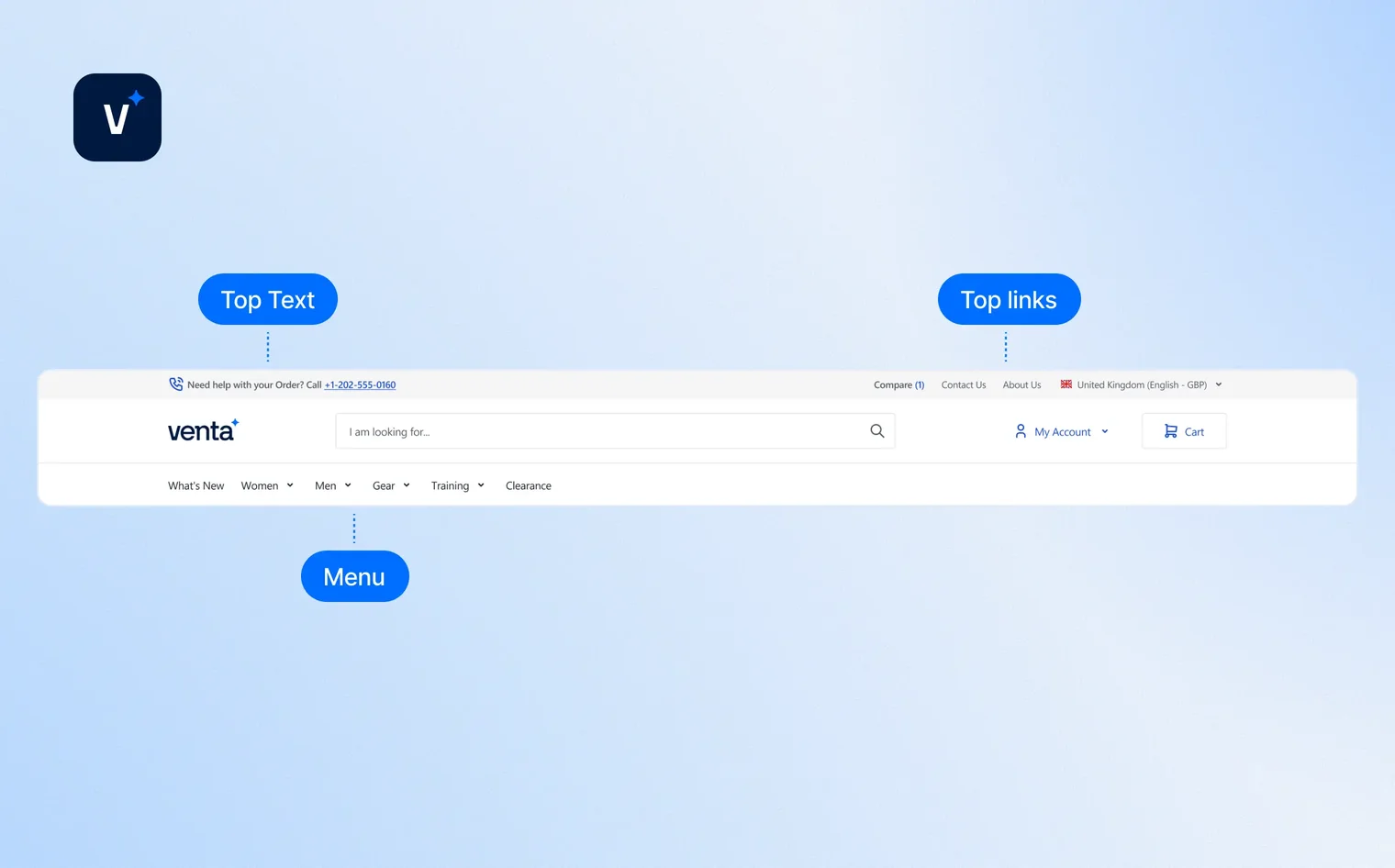 Venta website header with support phone, search bar, account, cart, and navigation menu links.