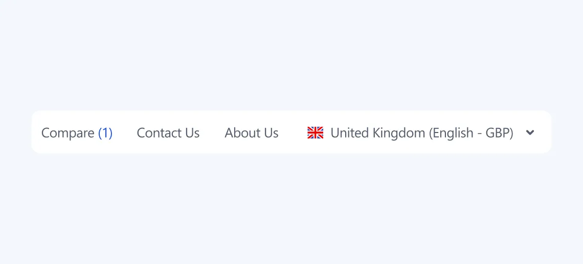 Website menu bar with options Compare, Contact Us, About Us, and language set to United Kingdom English GBP.