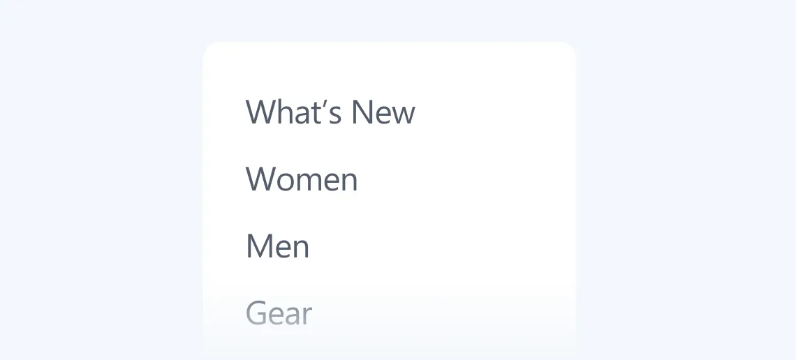 Menu list with options: What's New, Women, Men, and faded Gear.