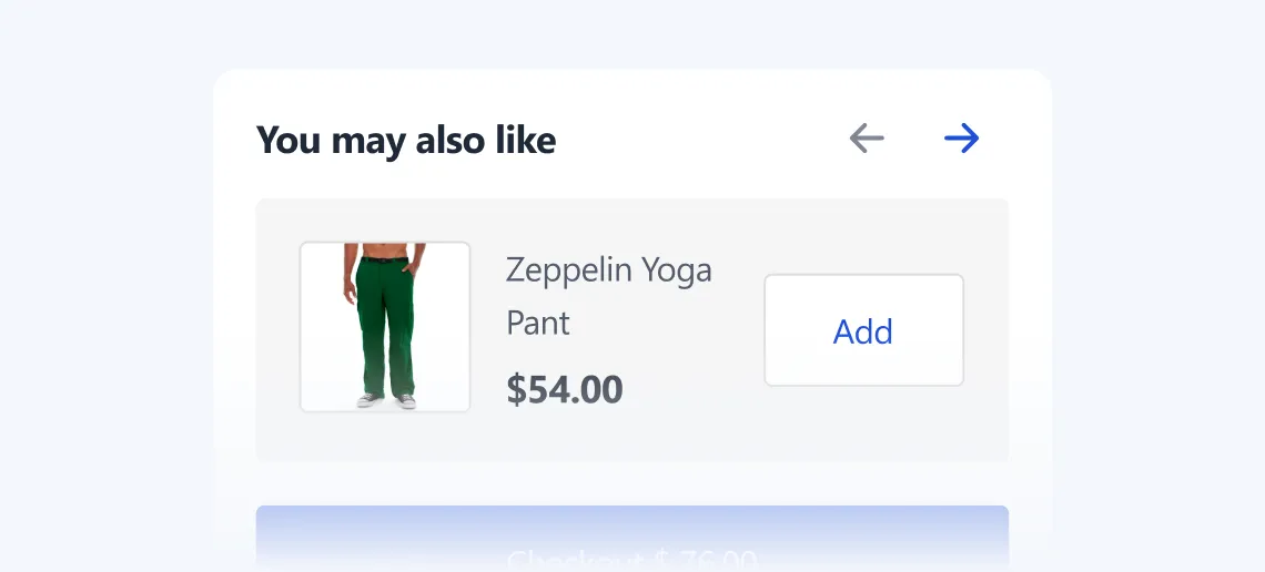 Product suggestion showing green Zeppelin Yoga Pant priced at $54 with an Add button.