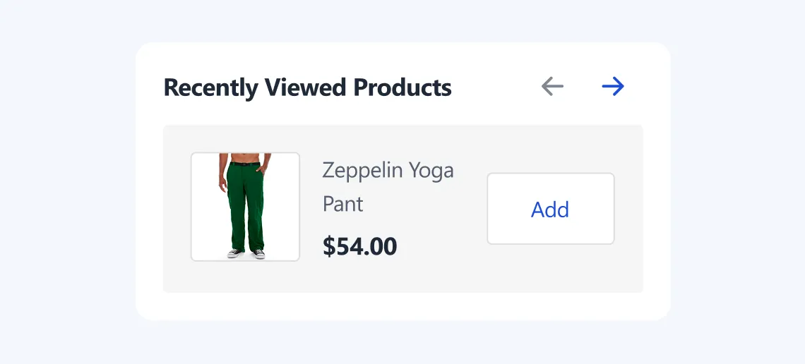 Recently viewed product: Zeppelin Yoga Pant, dark green, priced at $54 with an Add button.