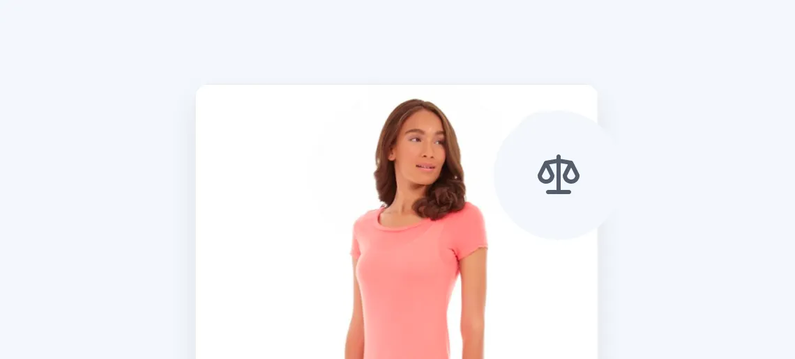 Woman in a pink t-shirt looking to her left on a white background with a small scales icon nearby.