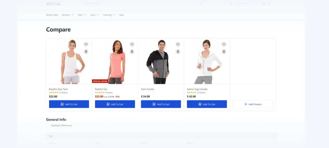Online store comparison of four apparel products with prices, ratings, and Add to Cart buttons.